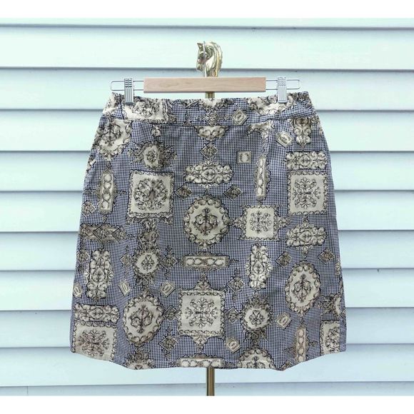 Vintage 90s Talbots Houndstooth Gold Brocade Mid Rise Mini Skirt - Picture 1 of 6